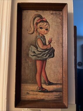 BIG EYES 1970’s Ballerina Picture Signed MAIO - Walnut Frame - Collectible - VTG